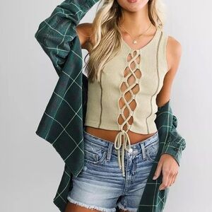 BKE Gilded Intent Ribbed Lace-up Tan Cotton Tank Size Small NWT